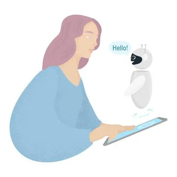 Girl communicates with chat bot. Chat with robot assistant. Stock Illustration