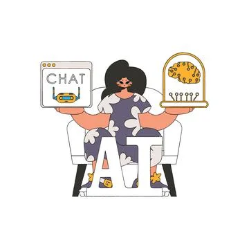 Girl communicating with AI using a device in her palms, vector art. Stock Illustration