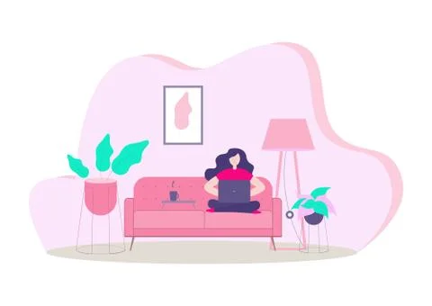 Girl with a computer on the couch Stock Illustration