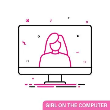 Girl on the computer. Flat simple icon Stock Illustration