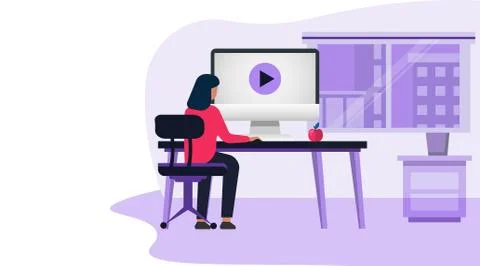 Girl At Computer Learning Watching Video Course Indoor, Purple Background Stock Illustration