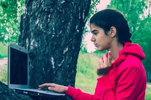 Girl with computer 스톡 사진