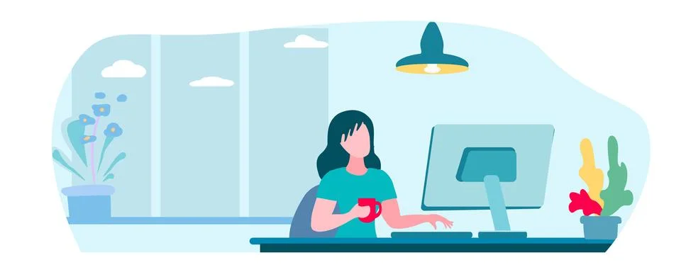 Girl at the computer, remote study concept, freelancer, cartoon flat vector Stock Illustration