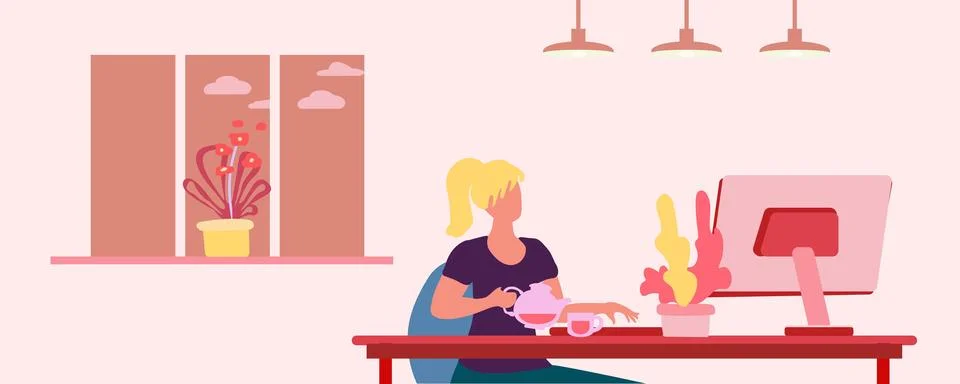 Girl at the computer, remote work concept, freelancing, cartoon flat vector.. Stock Illustration