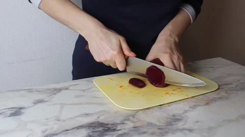 Girl Cook Cuts Raw Beetroot Vegetable Into Slices Pieces On Cutting Board Stock Footage 308103045