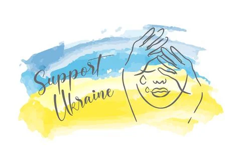 Girl crying support ukraine vector line flag ukraine watercolor Stock Illustration