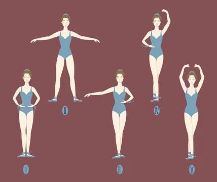 Girl dancer shows the five basic ballet positions Stock Illustration