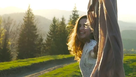 Girl dancing in the green valley Stock Footage 76249094