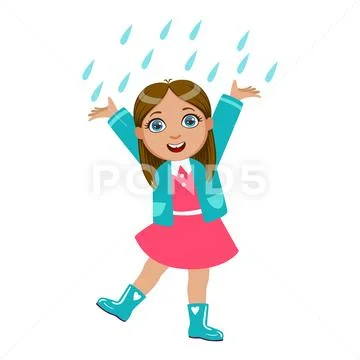 Girl Dancing Under Raindrops, Kid In Autumn Clothes In Fall Season Enjoyingn Stock Illustration