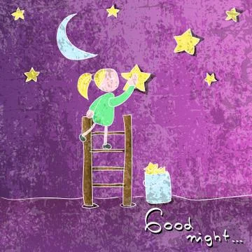 Girl is decorating the sky using a ladder Stock Illustration