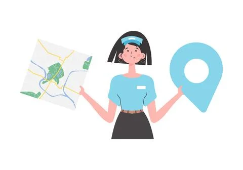 Girl delivery operator with a map in her hands. The character is depicted to  Stock Illustration