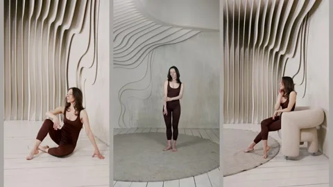 The girl demonstrates posing in motion: soft step, free hands, confident look  Stock Footage 304275772