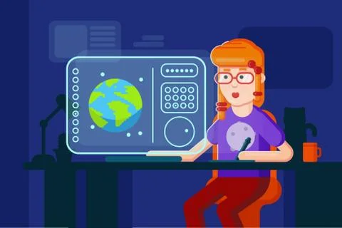 Girl designer vector flat illustration working process. Freelancer programmer Stock-Illustration
