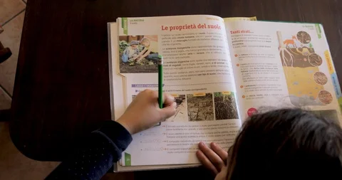 Girl does primary school homework on science book Stock Footage 127766141
