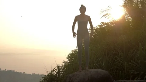 Girl does yoga exercise on old stone in morning slow motion Vidéo 112264449