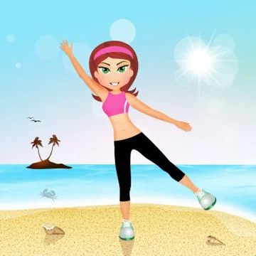Girl doing exercize on the beach 库存插图