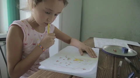Girl is doing homework for elementary school. Video stock 52323599
