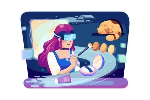 Girl doing makeup using VR tech Stock Illustration
