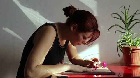 Girl Doing A Manicure Herself Stock Footage 48358448