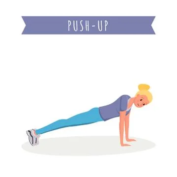 Girl doing push ups flat vector illustration. Smiling young woman in sportswear Stock Illustration