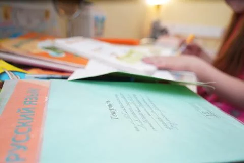 The girl is doing school homework Фото