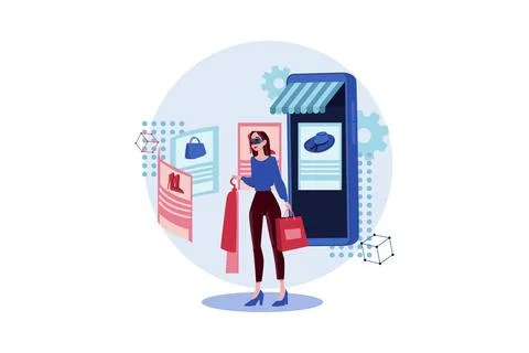Girl doing shopping using VR Tech Illustrazione stock