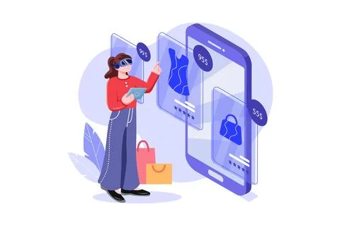 Girl doing shopping using VR Tech Stock Illustration