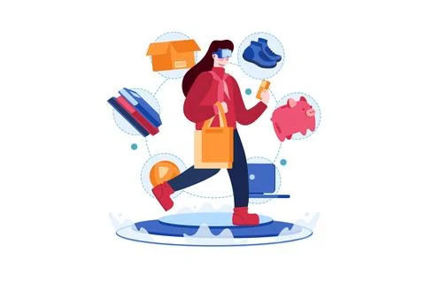 Girl doing shopping using VR Tech Illustrazione stock