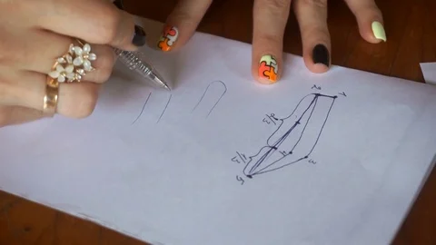 Girl draws on paper drawing shape eyebrows Stock Footage