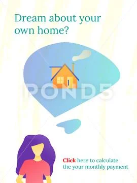 Girl dreams about own house. Banner for ads. Real estate business. Economy re Stock Illustration