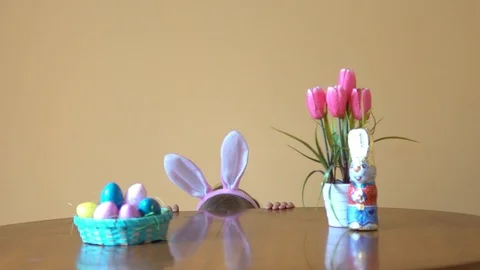 A girl dressed as an Easter bunny peeks out from behind the table. Stock Footage 105042011