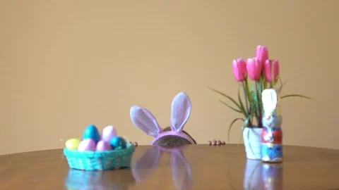 A girl dressed as an Easter bunny peeks out from behind the table. Stock Footage 105042330