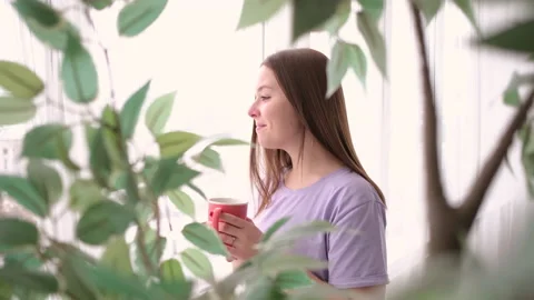 Girl drinking coffee by the window Stock Footage 171543288