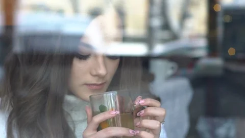 Girl Drinking Tea In A Cafe. View Through Window Stock Footage 102047535