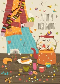 Girl is drinking tea at the table warming in cold weather イラスト素材