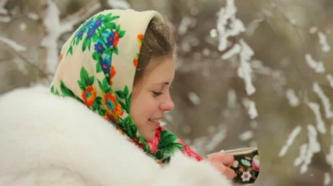 Girl Drinks Tea On A Cold Stock-Footage 52723531