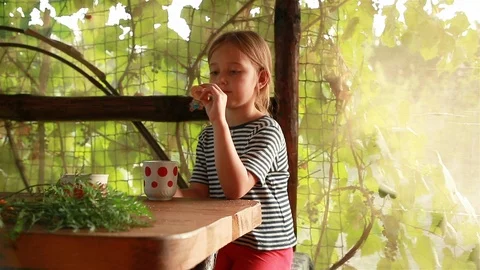 Girl eating cookie while sitting at the table 스톡 동영상 102207077