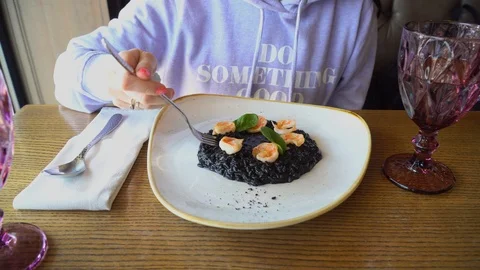Girl Eats Risotto With Shrimps Stock Footage 106945913