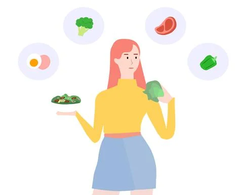 Girl eats salad on a white background, vector graphics Stock Illustration