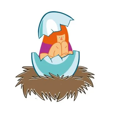 Girl in an eggshell in the nest Stock Illustration