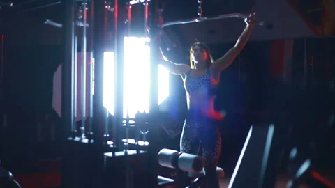 The girl is engaged in the simulator. Video stock 91664626