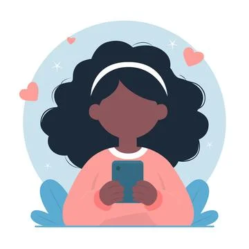 Girl Engaged with Smartphone, Whimsical Background, Digital Illustration Stock Illustration