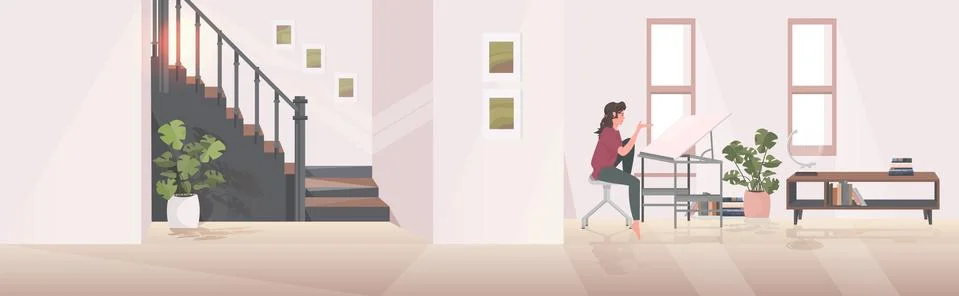 Girl engineer sitting at workplace using laptop adjustable drawing desk modern 스톡 일러스트
