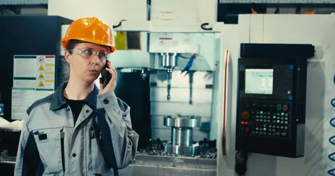 Girl engineer solves business industry issues by phone. Stock Footage 233990153