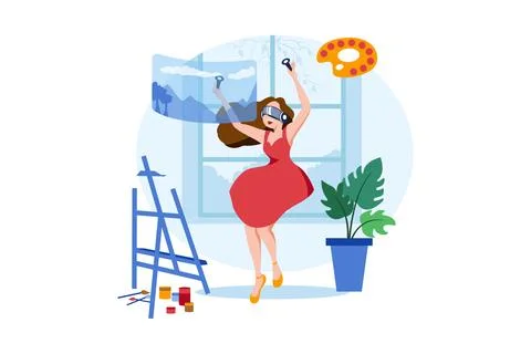 Girl Enjoying Study Using VR Tech Stock Illustration