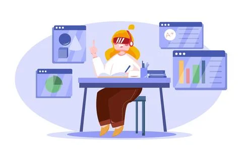 Girl Enjoying Study Using VR Tech Illustrazione stock