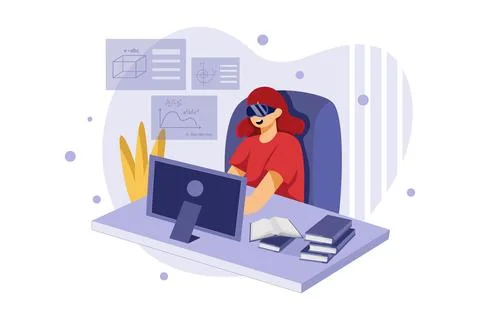 Girl Enjoying Study Using VR Tech Stock Illustration