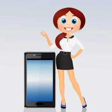 Girl explains the functionality of the phone Ilustración de archivo