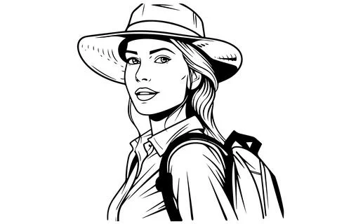 Girl explorer or traveller hand drawn ink sketch. Engraved style retro vector Stock Illustration