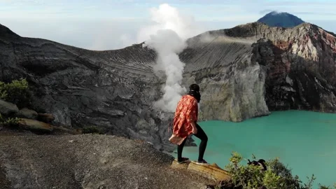 Girl Exploring Java Indonesia Volcano Kawah Ijen With Kimono Stock Footage 142339393